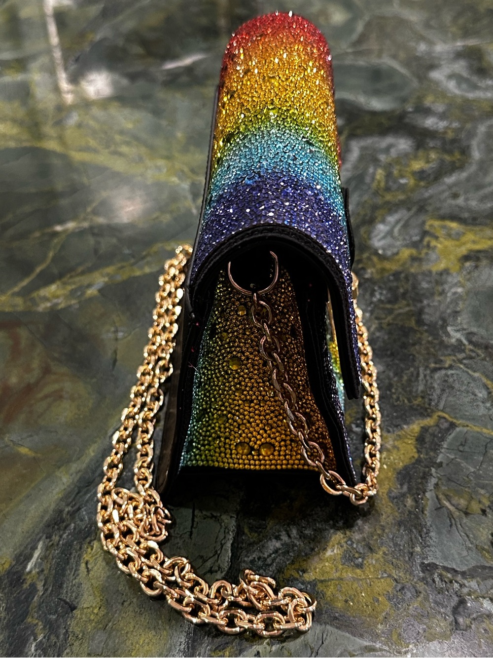 Betsey Johnson Multicolor Rainbow Crystals Crossbody with Gold Chain Strap 7”x5” - Picture 12 of 16